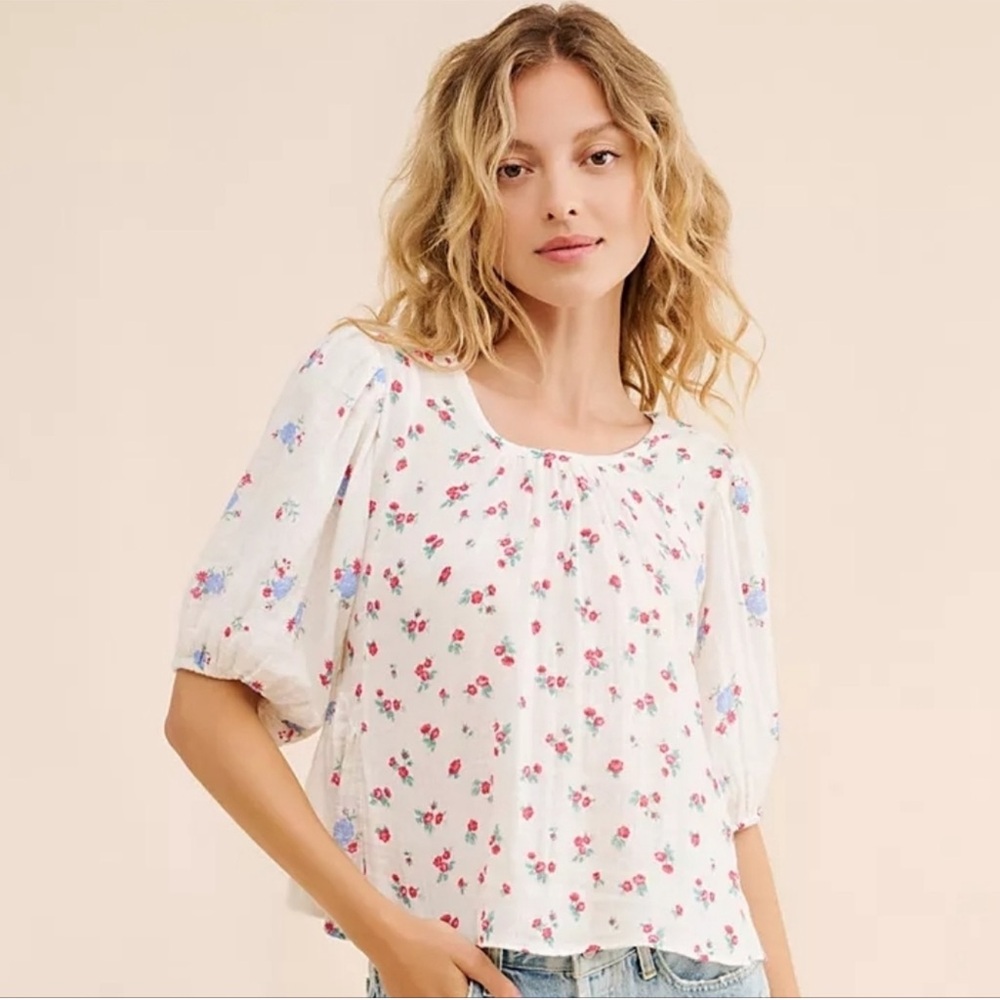 Free People White Floral Puff Sleeve Blouse